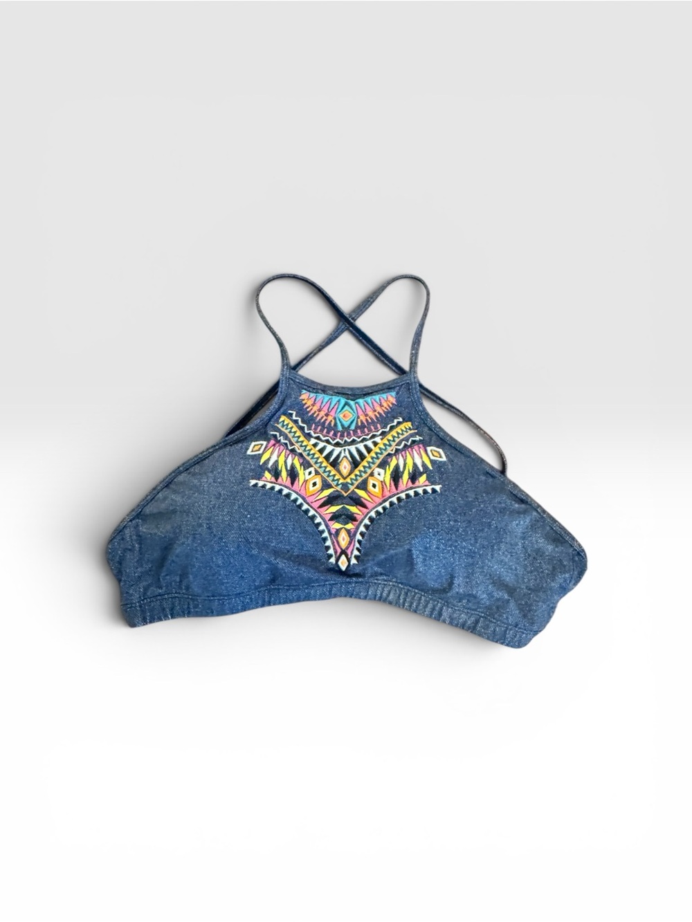 Embroidered Blue Denim-Look Crop Bikini Top